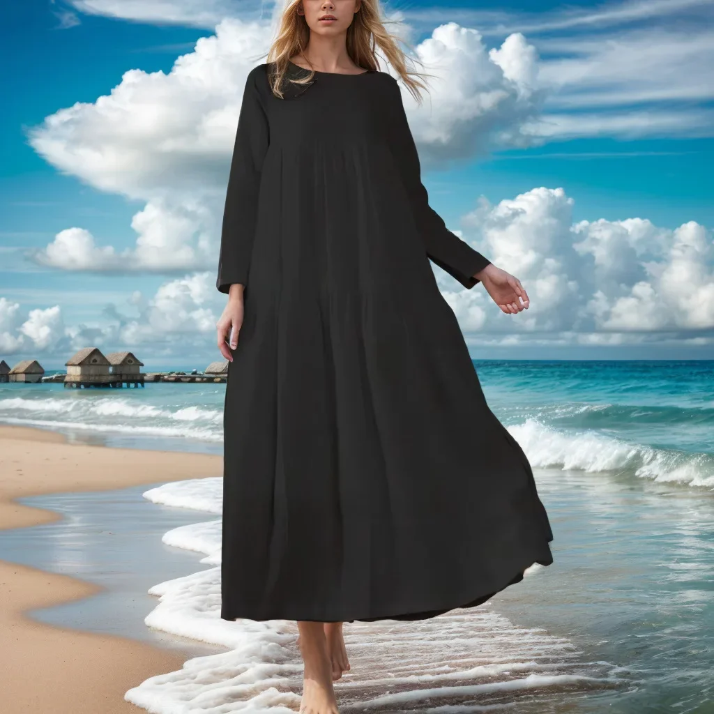 Bohemian Shirt Dress Women\'s Maxi Sundress 2024 Spring Elegant Casual V Neck Ruflle Vestido Female Long Sleeve Robe