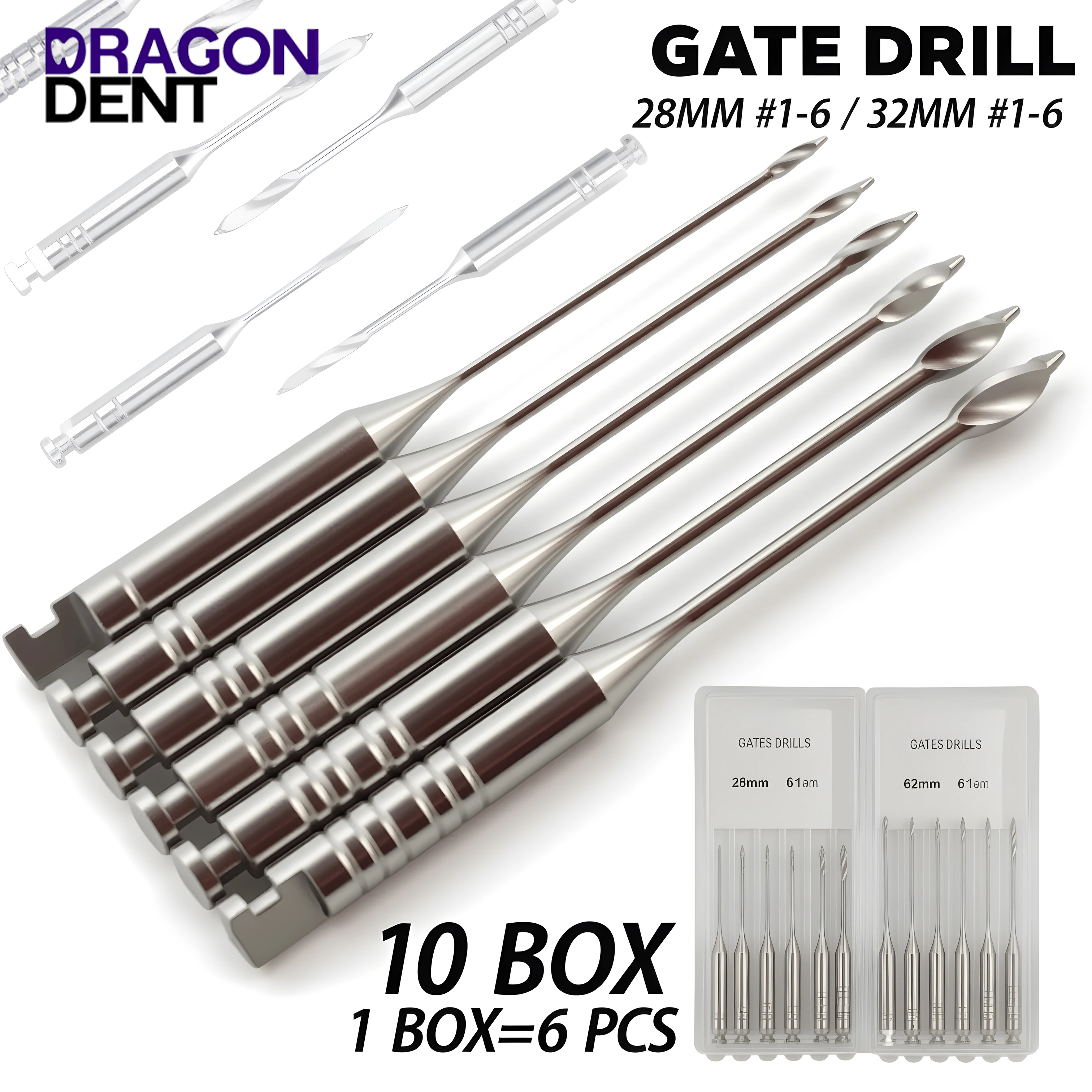 DRAGON DENT 10 Pack Dental Endodontic Gates Drill Glidden Rotary 28mm/32mm Engine Use Stainless Steel Endodontic Files #1-6