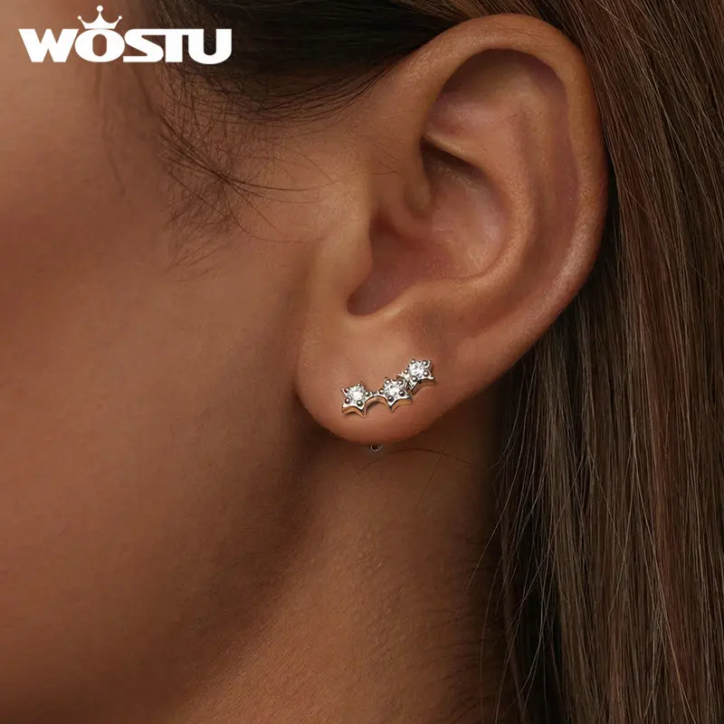 WOSTU 925 Sterling Silver Star Stud Earrings Women Shiny AAA Zircon Multi Layer Ear Studs Wedding Jewelry pendientes Party Gift