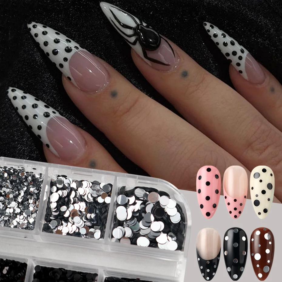 12 Grids Y2K Polka Points Nail Sequins 3D Multi-sized Black White Silvery Golden Polka Dots Nail Glitter DIY Nail Charms Decor