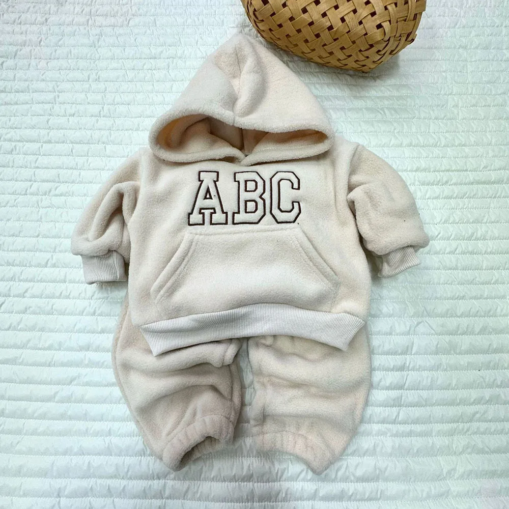 2Pcs Autumn Unisex Baby Clothes Letter Print Long sleeve Hooded and Elastic Pants Solid Color Lambskin Baby outfit sets