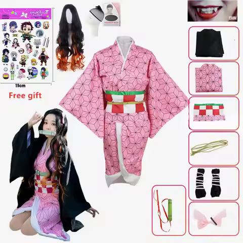 Anime Nezuko Cosplay Costume Kimono Devil Hunter Kamado Nezuko Costume Wig Womens Girls Kimono Uniform Clothes