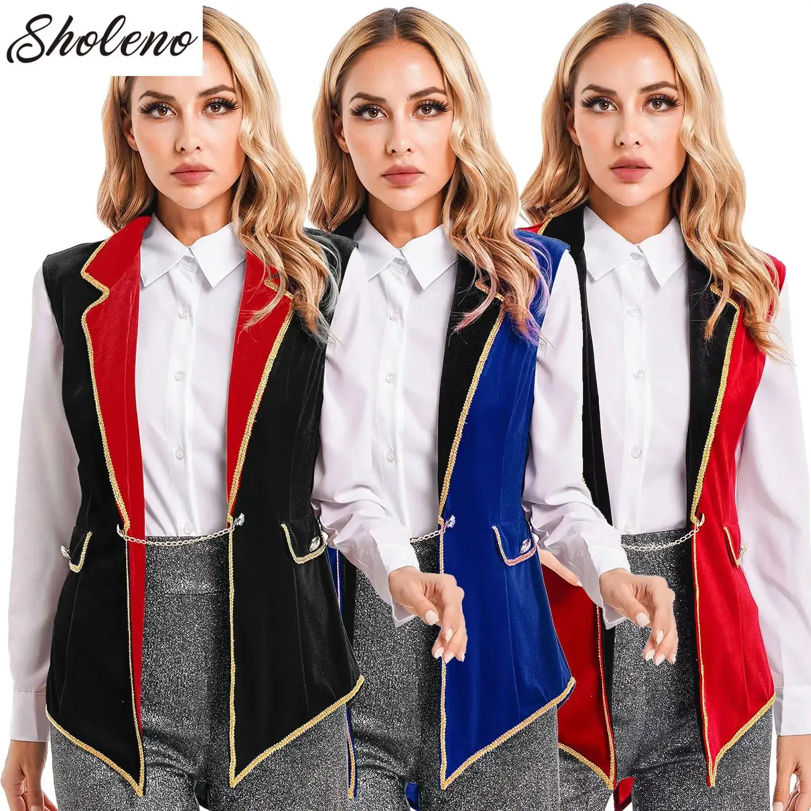 

Women Adult Halloween Circus Ringmaster Costume Sleeveless Velvet Blazer Coat Christmas Carnival Cosplay Festival Rave Outfits