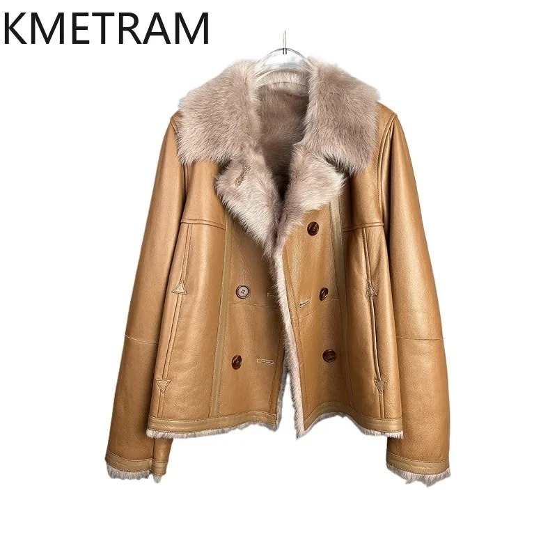 KMETRAM High Quality Xiaohu Sheep Shearling Fur Coat Woman Korean Lapel Biker Fur Jacket Slim Fit Women's Leather Fur Coats Шуба