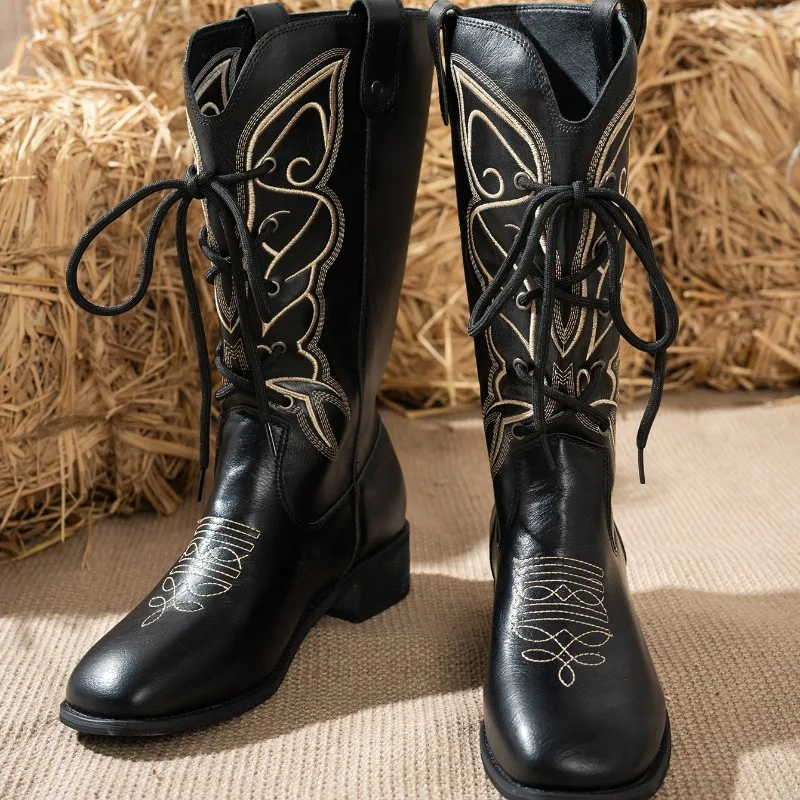 

PU Mid Heel Square Heel Round Toe Mid-Calf Embroider Lace-up Ethnic Women's Boots 2025 Winter New Water Proof Warm Women's Shoes