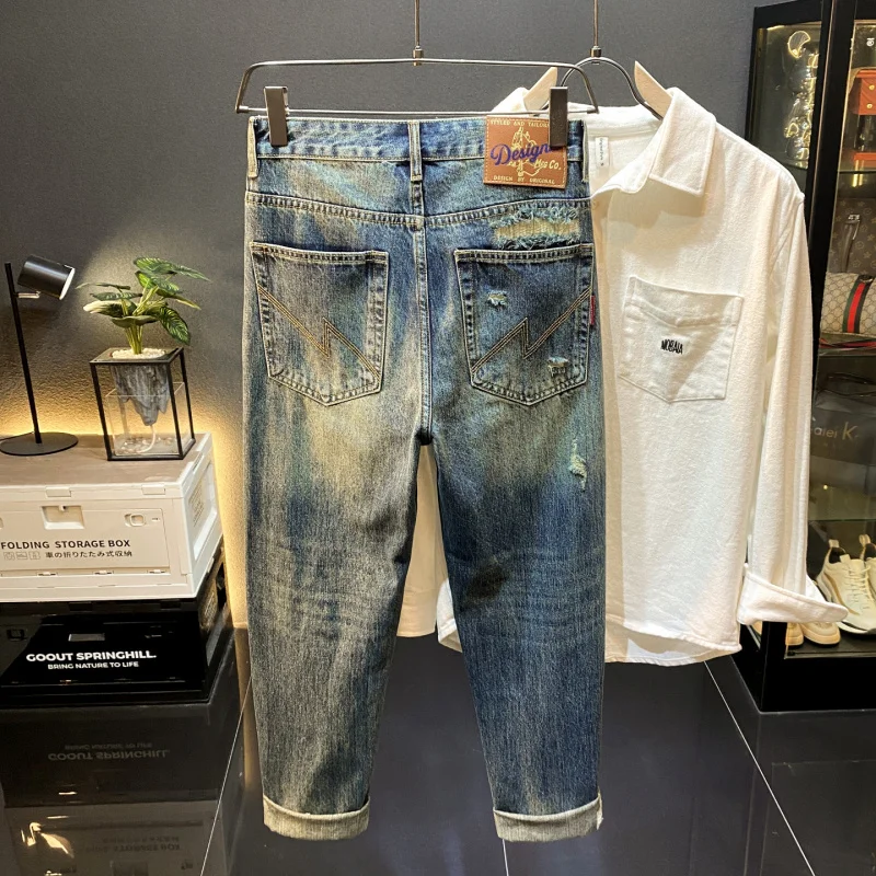 

Трендовые американские элитные модные рваные джинсы с нашивками, мужские свободные прямые крутые повседневные осенние новые длинные брюки