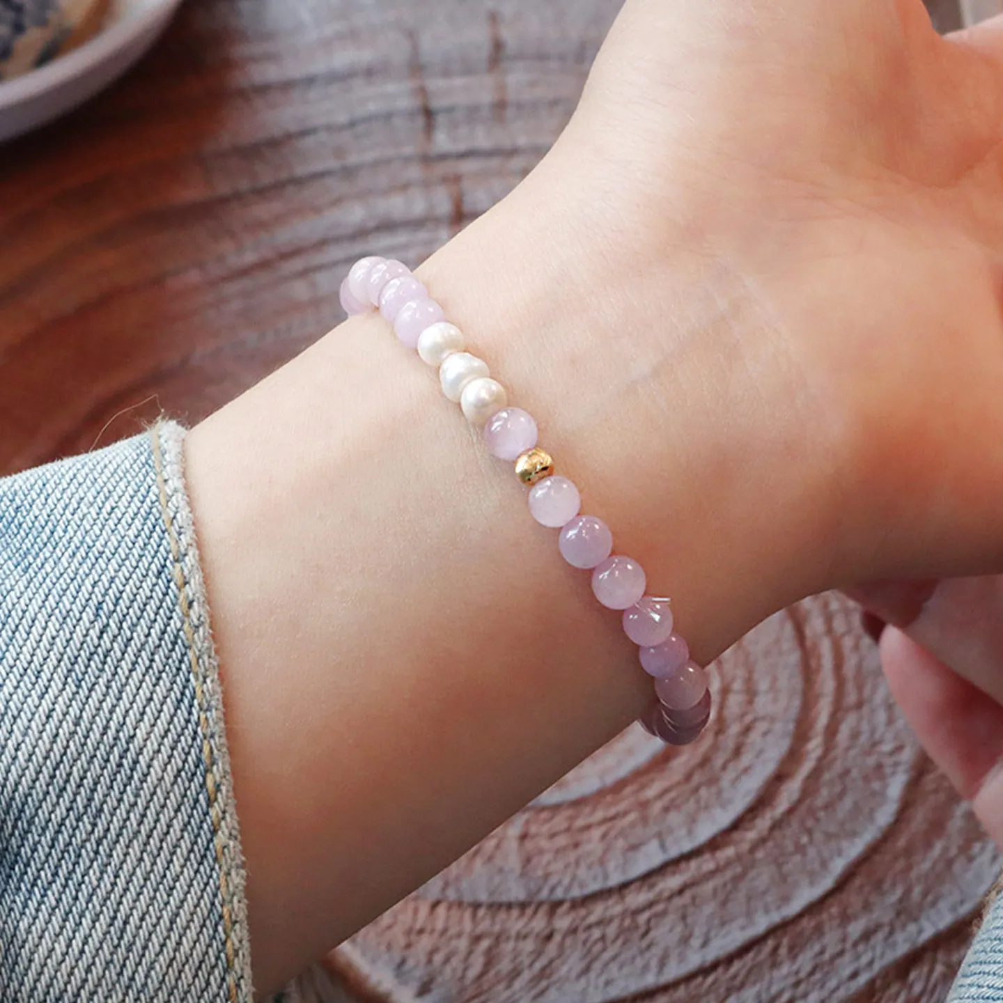 Natural Kunzite Amethyst & Freshwater Pearl Bracelet: Minimalist Stackable Beaded Bracelet, Best Friends Gift