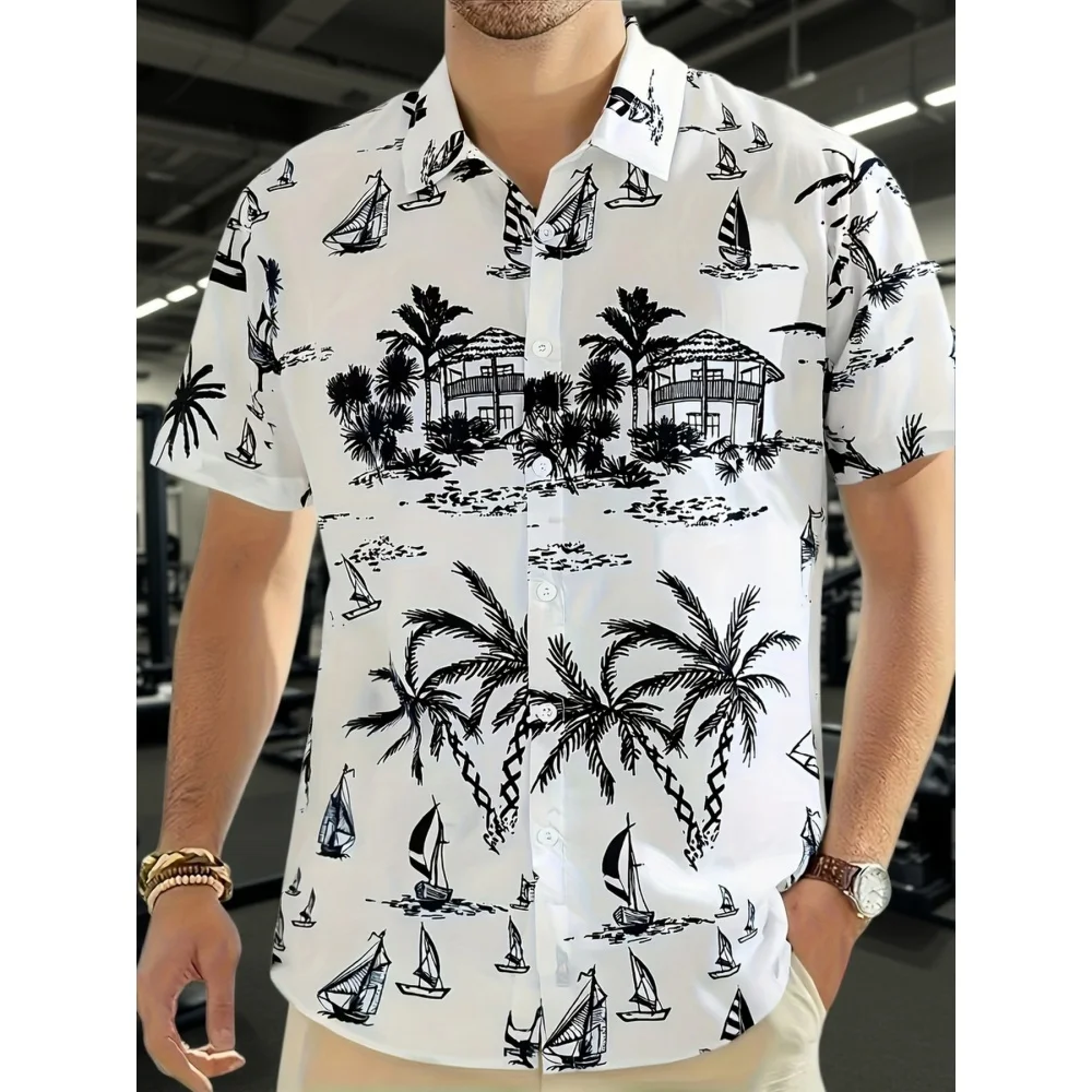 Summer New Style Men's Short-Sleeved Shirt Hawaii Style Sailboat Palm Tree Print Beach Fashionable Comfortable Soft Breathable