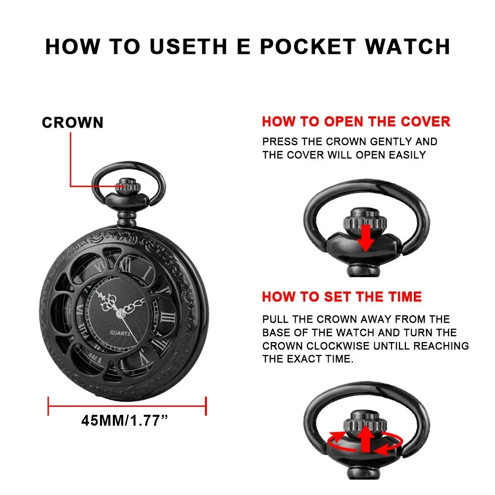 ساعات جيب عصرية مجوفة باللون الأسود للنساء للجنسين، ساعة جيب كوارتز هيكل عظمي عتيق، قلادة تذكارية للرجال