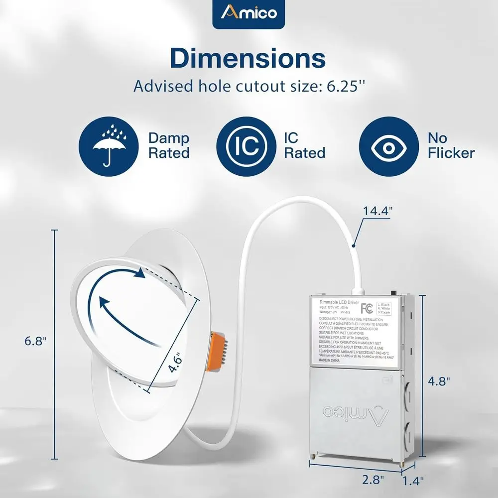 Pacote com 6 Luminárias LED Embutidas de 6 Polegadas 5CCT, 360 ° &90 °   Luminária Direcional Ajustável, Regulável, 2700K/3000K/3500K