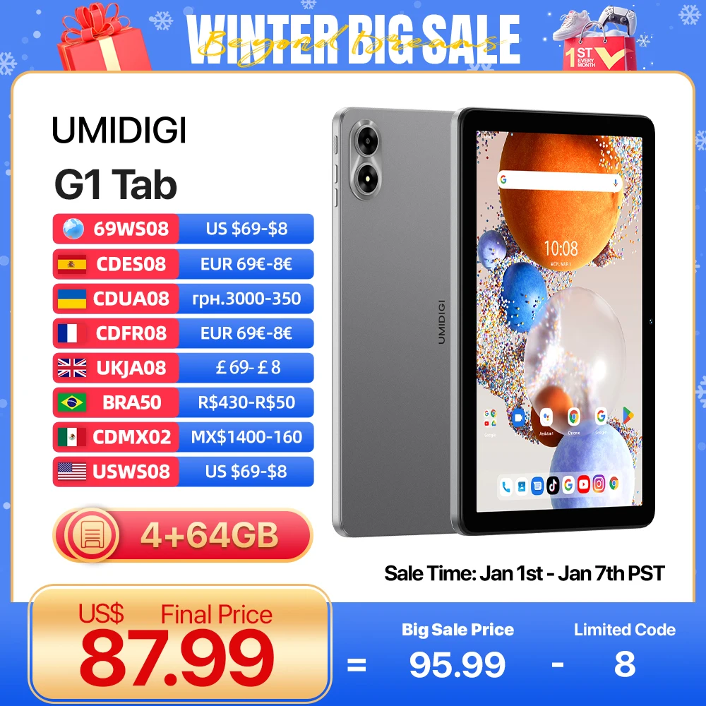 UMIDIG G1 Tab Android 13 Smart tablet 10.1"HD Large Display 4+4GB 64GB Quad Core 6000mAh Mega Battery WIFI6 60Hz tablets android