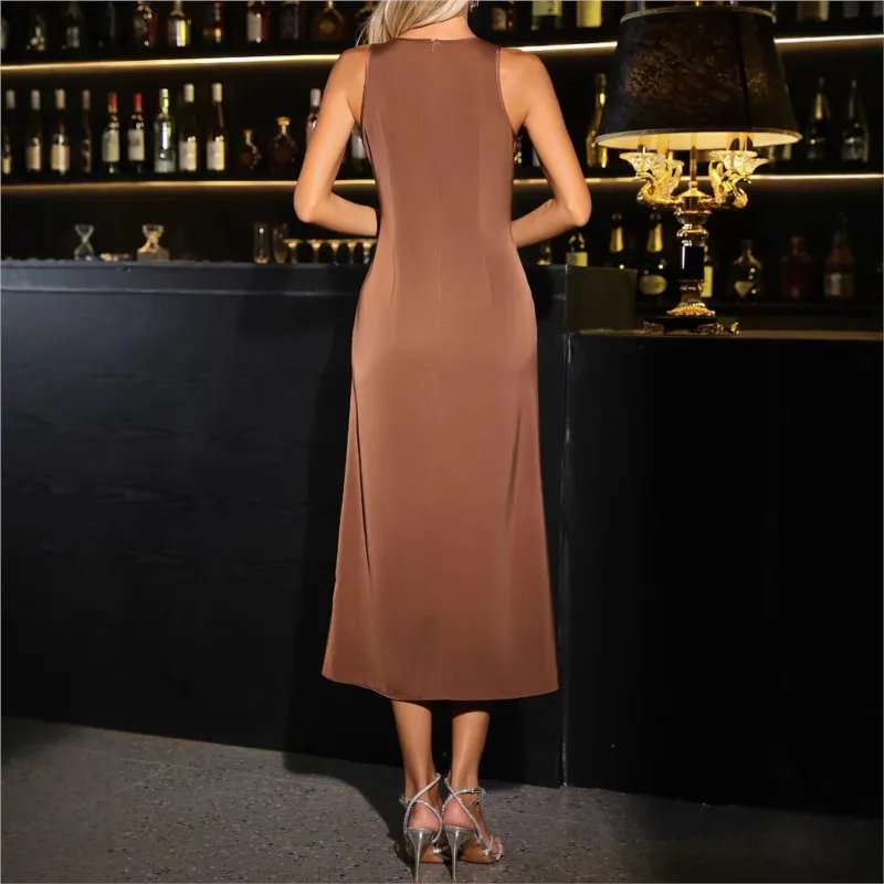 Elegant Satin Solid Color Evening Dress Round Neck Sleeveless Drape Coffee Party Fish Tail Dress Summer New Product 2025 Vestido