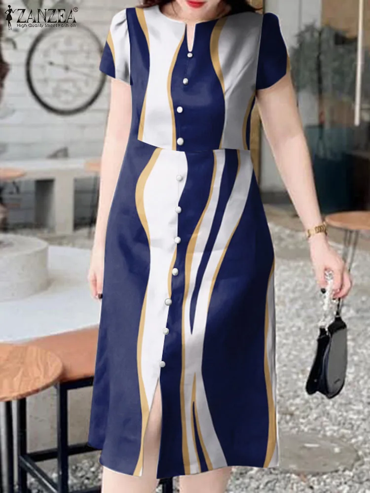 

ZANZEA 2024 Vintage Stripe Printed Midi Robe Women V-neck Dress Summer Fashion Short Sleeve Robe Casual Holiday Buttons Sundress