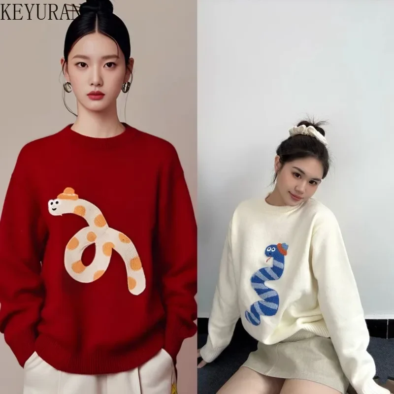 2025 Autumn Winter New Snake Embroidery Knitted Sweater Women's Casual Versatile O-Neck Long Sleeve Red Pullover Sweaters Jumper