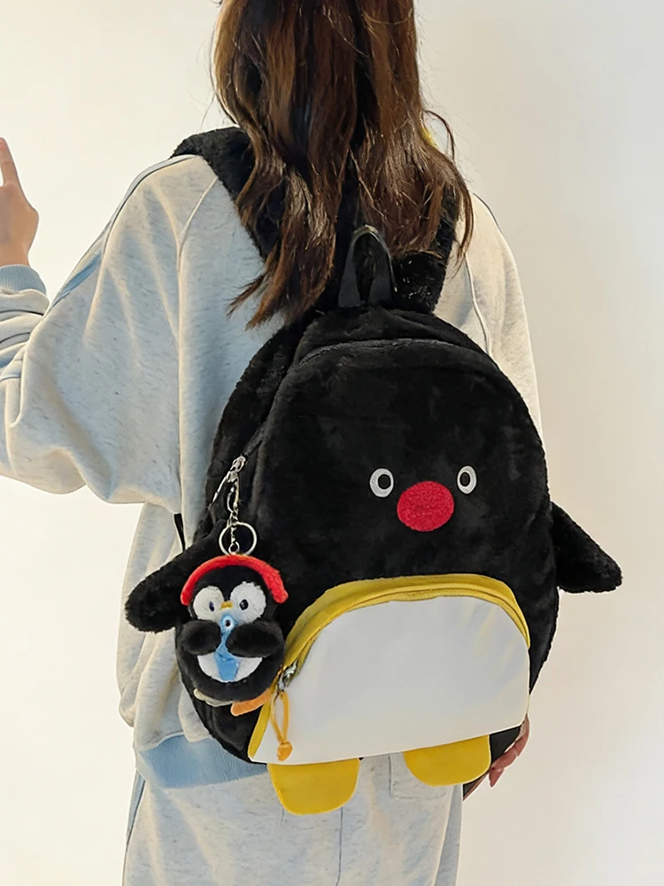 Cute Cartoon Penguin Plush Backpack Double Shoulder Bag for Children Travel Study Outings Soft Material Zipper Closure