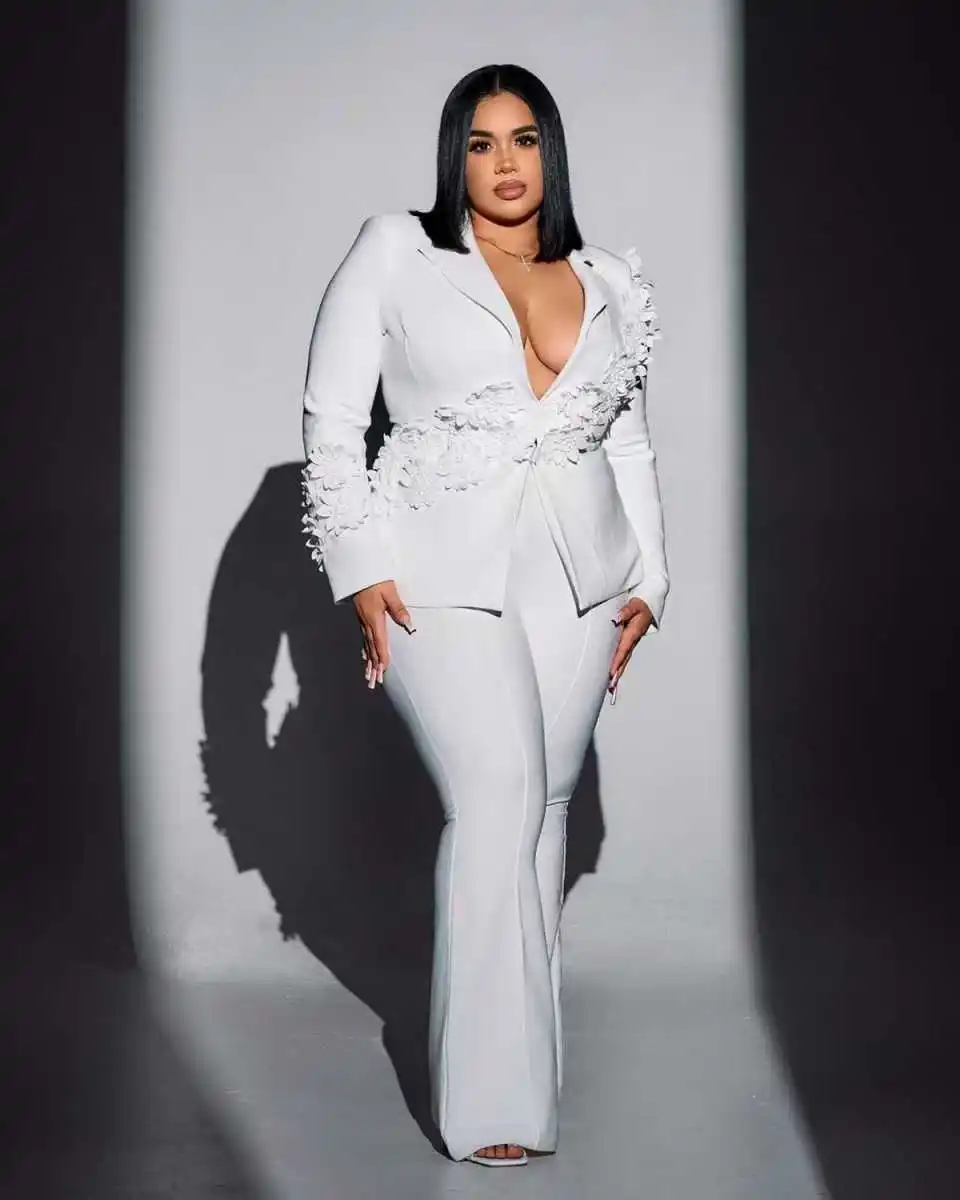 

White Plus Size Women Suit Set 2 Piece Blazer+Pants Trousers 3D Flower Cotton Formal Office Jacket Customized Wedding Tuxedos