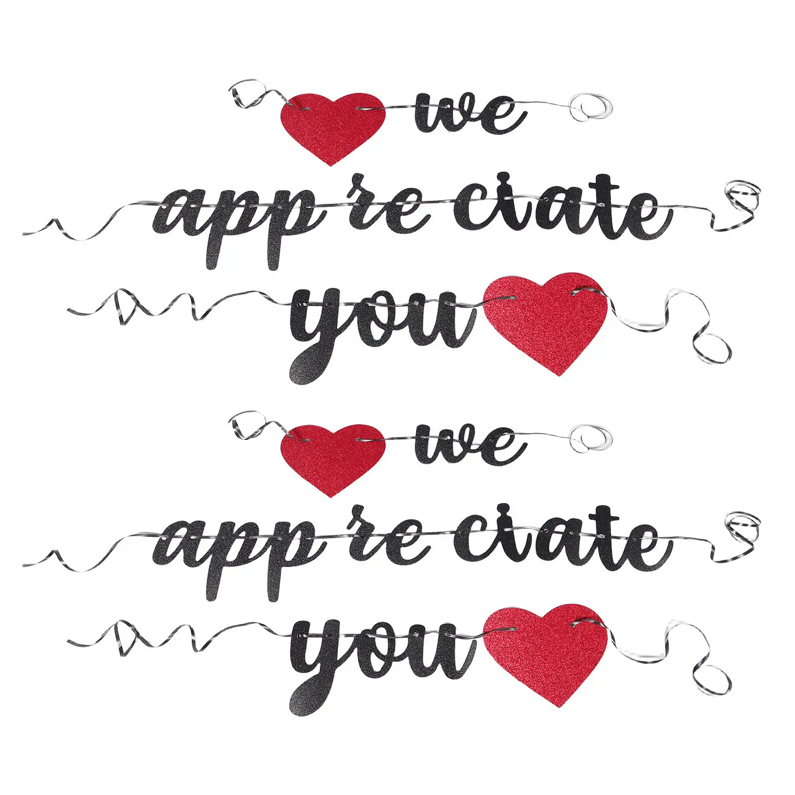 2Set Black Glitter Party Banner Heart Thank You Appreciation Bunting Office Staff Teacher Nurse Employee Celebration