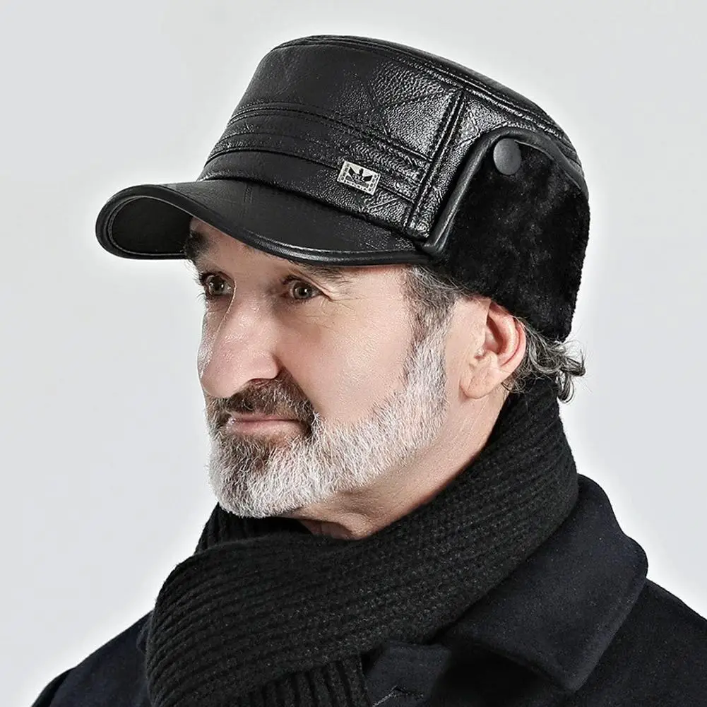 Warm Fleece Lined Winter Hat for Middle Aged And Elderly Men Ear Protection Duckbill Cap Dad Grandpa Leather Hat Bone Caps