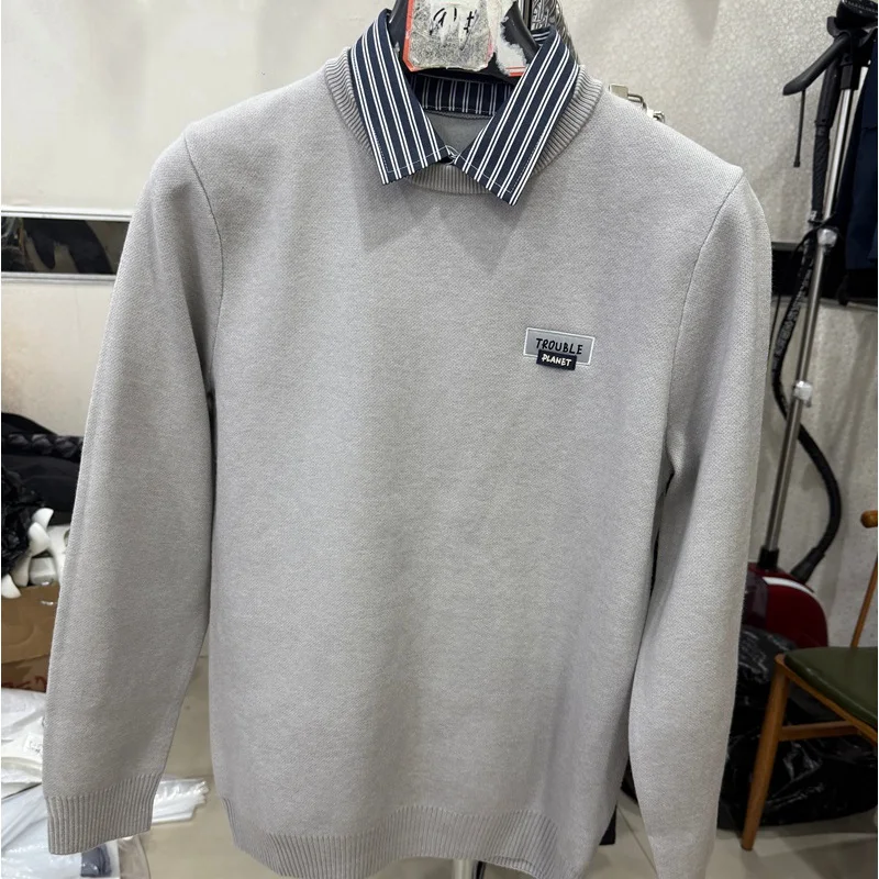 

Мужская зимняя вязаная кофта из эластичной ткани с воротником-стойкой, имитация двухслойного дизайна, удобная, приятная к телу, повседневная, с длинными рукавами