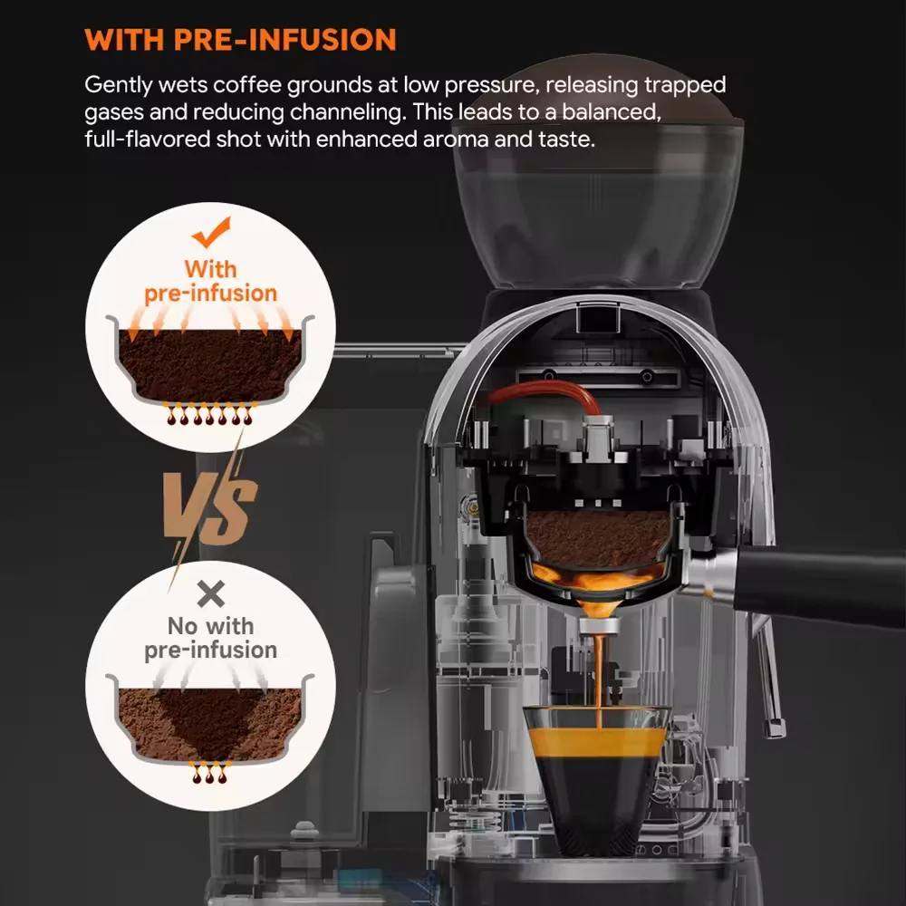 I Cafilas 19 Bar Semi Automatic Espresso Coffee Maker With Grinder Bean For Cappuccino and Latte Milk Frothing System Machine