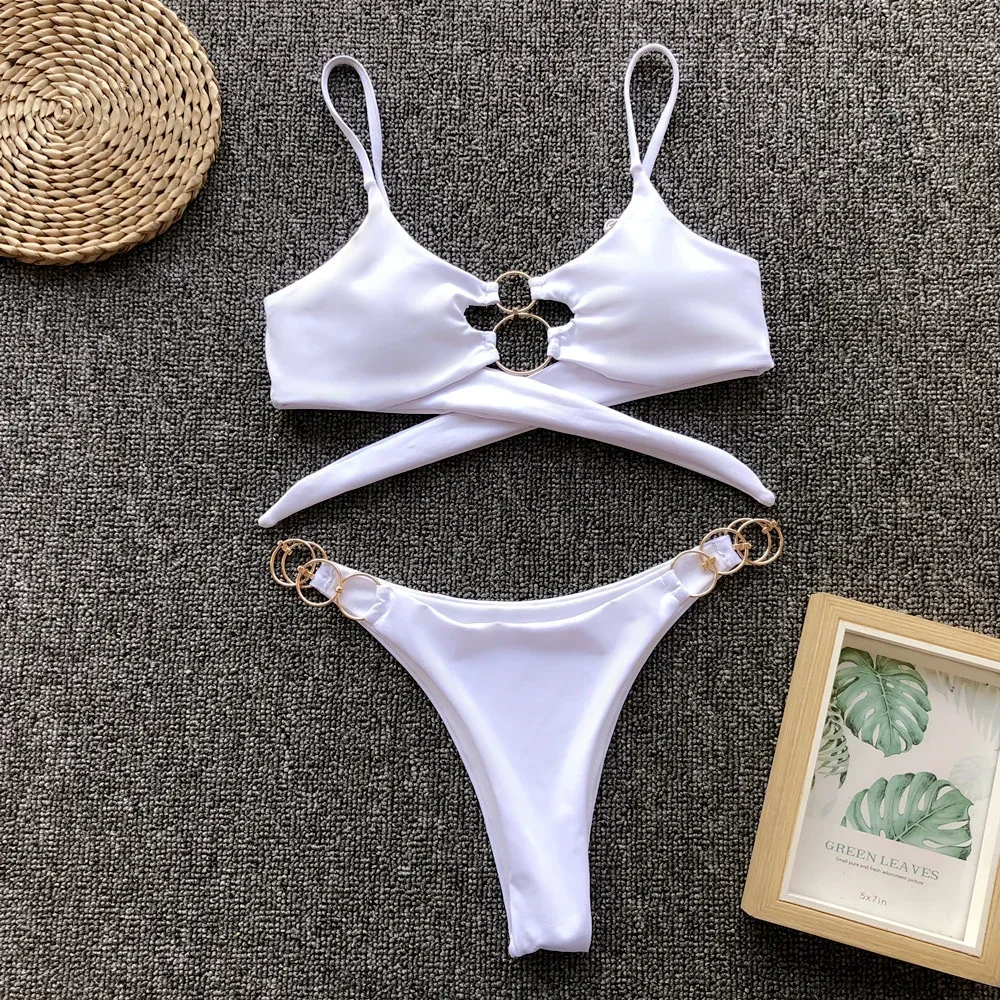 

Sexy Rings Hollow Out Bikini White Swimsuit Push Up Bandage Back Extreme Swimwear Thong Women Beach Bathing Suit Vacation Outfit