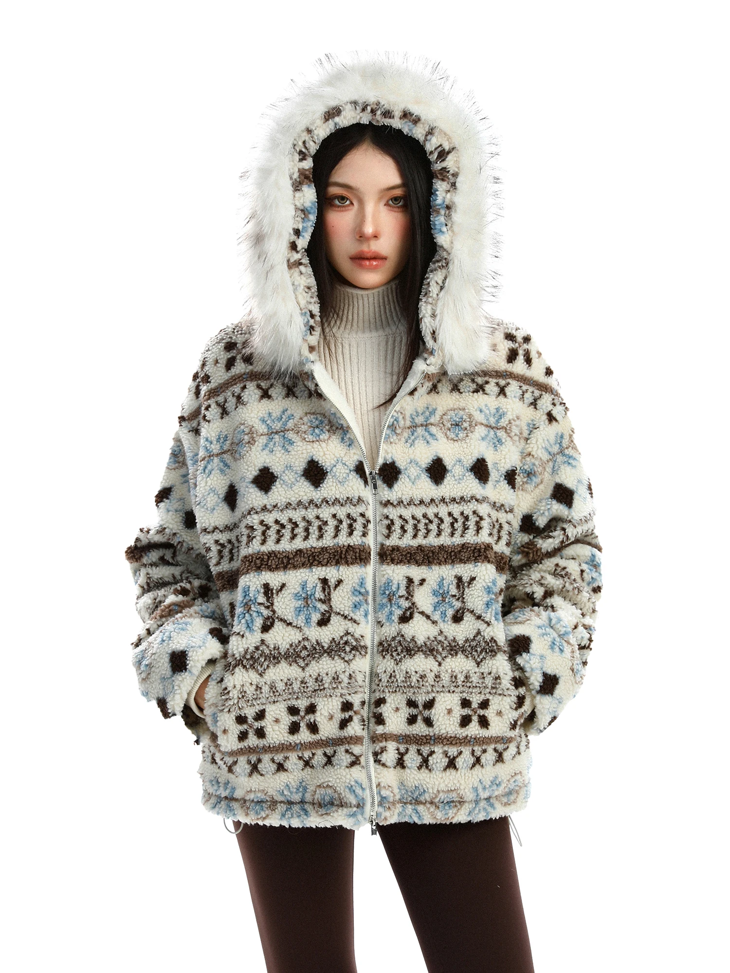 

Женское утепленное свободное хлопковое пальто Biggold с капюшоном и съемным меховым воротником, узором Fair Isle и отделкой из меха ягненка, осенне-зимнее