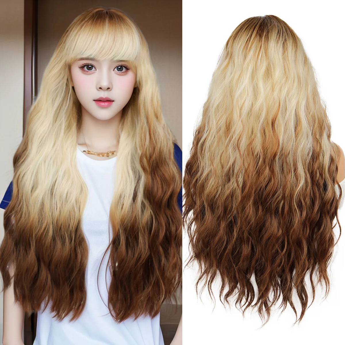

Qi bangs long curly hair wig female European and American flaxen brown and white gradual change chemical fiber full head cover