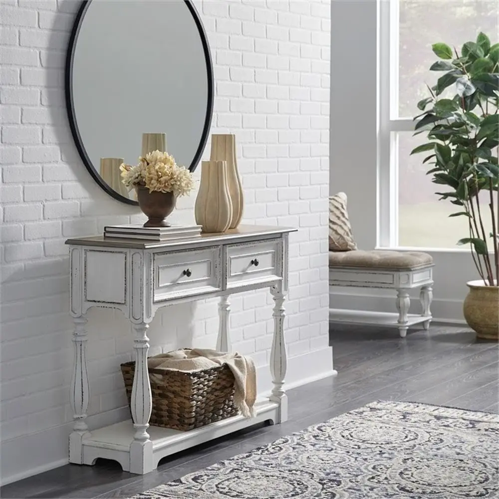 42in Hall Console Table Traditional Accent Storage Antique White Weathered Bark