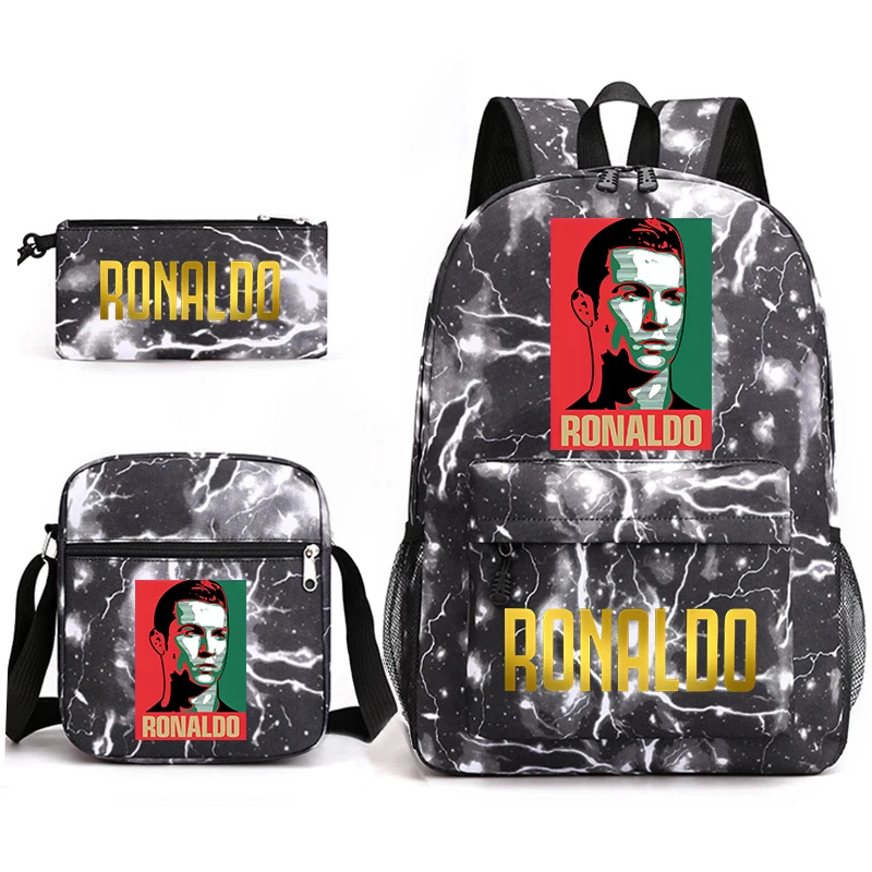 Mochila escolar con estampado de Ronaldo para estudiantes, conjunto de 3 piezas, mochila juvenil, estuche para lápices, bolso de hombro