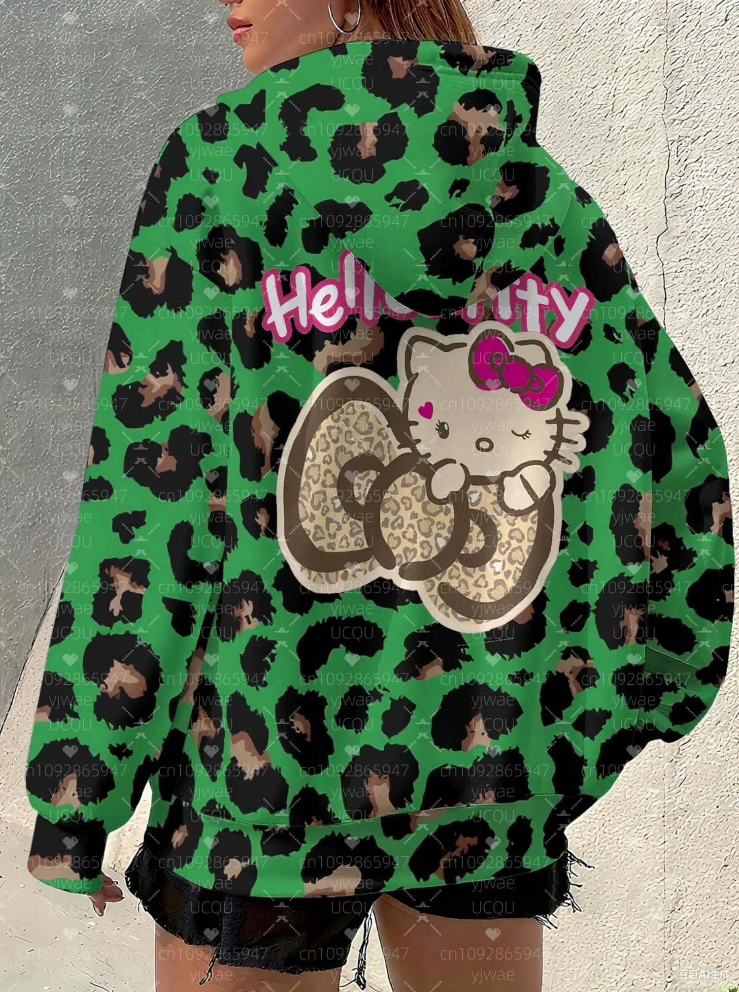 2025 mulheres plus size leopardo olá kitty impressão moletom com capuz ao ar livre all-match hoodie feminino menina topos roupas femininas
