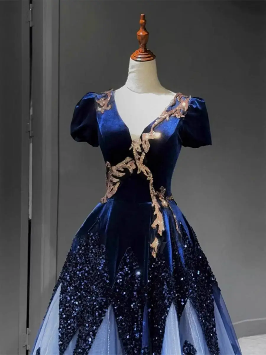 

Ele Blue Host Gown for Fem Solo Singers Performance Outfit Long Skirt High Waist Polyester Fabric No Brand Registered