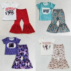 Wholesale Western Print Baby Girl Short Sleeves Rodeo Shirt Set Kid Toddler Children Horse Bell Bottom Pants Spring Fall Outfit