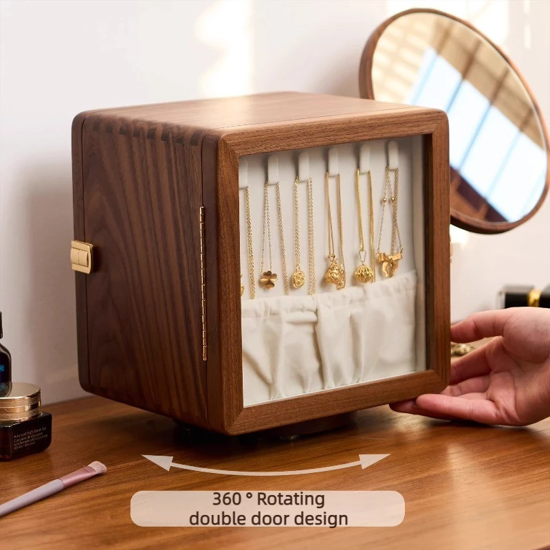 Rotating Jewelry Box Solid Wood Creative Exquisite Necklace Ring Jewelry Storage Cabinet Luxury Portable Jewellery Display Case