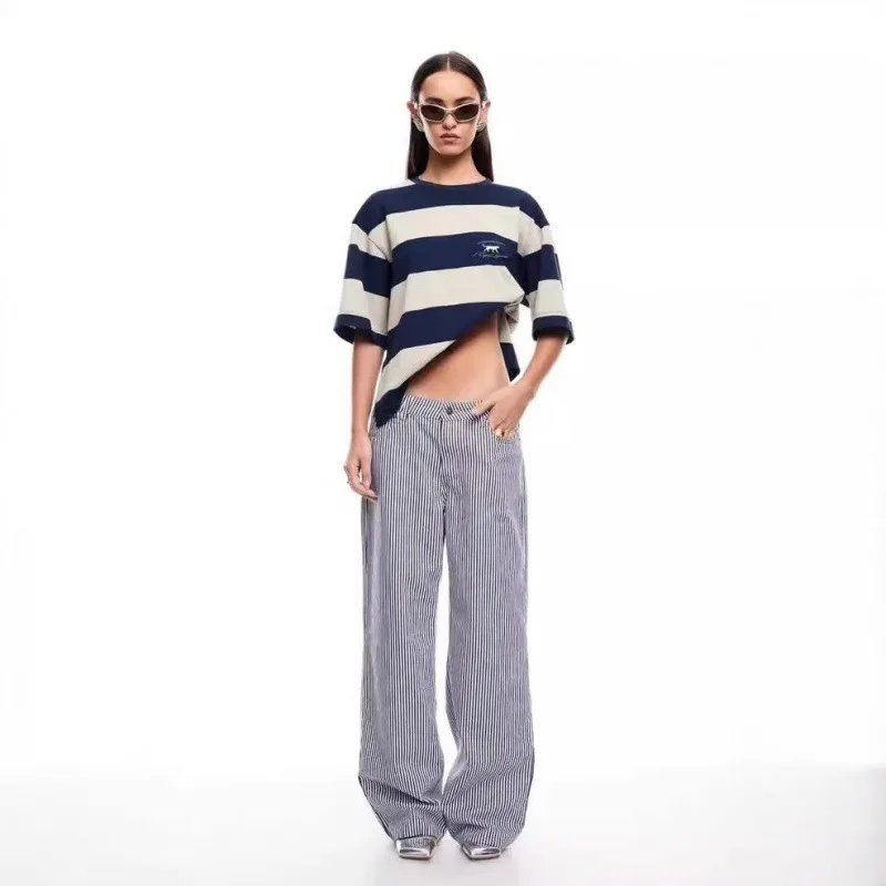 

Lioness 2025 New Summer Retro Fashion Striped Boyfriend-Style Oversized Short-Sleeve T-Shirt Top