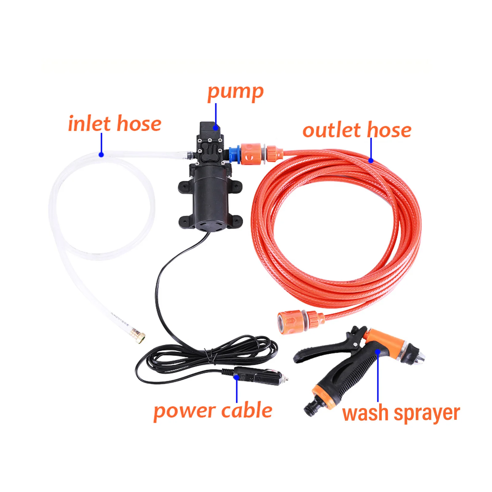 High Pressure Electric Car Washing Machine Kit 12V Electric Pump + Wash Sprayer 2 Modes+Power Cable+Hoses Portable Water Pump