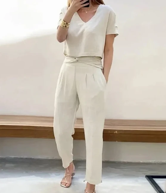 

Two Piece Set Women Outfit 2023 Summer Solid V-Neck Short Sleeve Top & Casual High Waist Pocket Design Straight Leg Pants Set