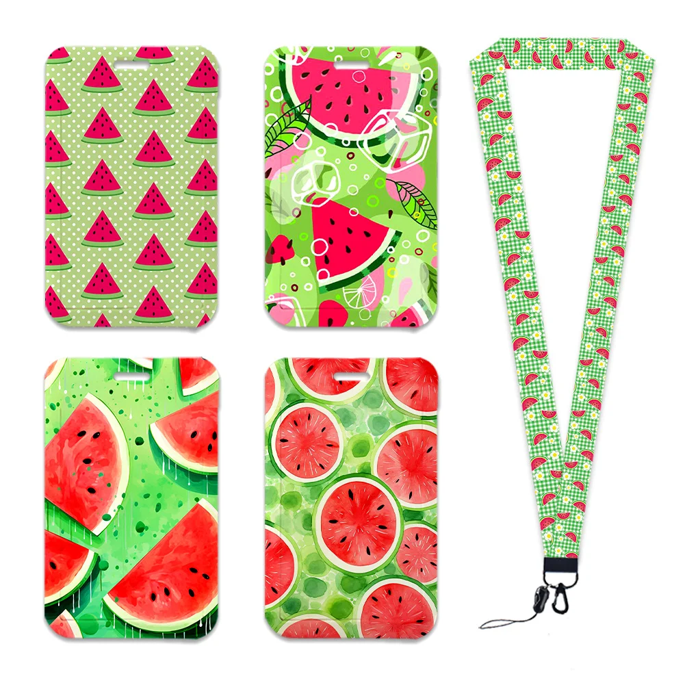 Summer Fruit Watermelon ID Card Holder With Lanyard Neck Strap Badge Reel Pass Card Cover Clear Window Credential Case