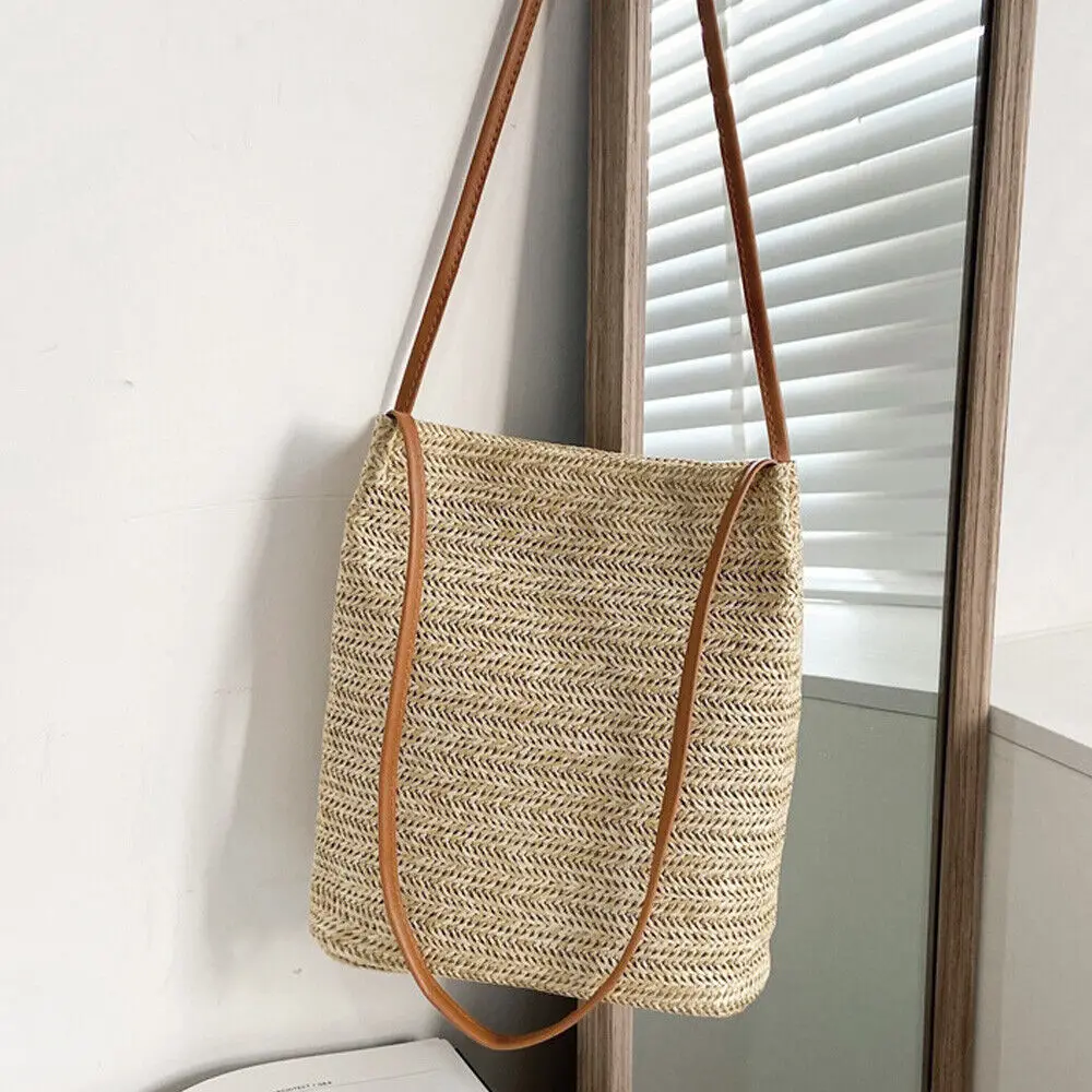 ISKYBOB Summer Straw Bag Rattan Wicker Handbag Crossbody Tote Beach Shoulder Bag Brand Designer Large Capacity Eco Shopping Bag