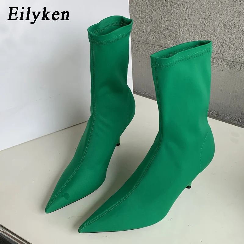 Eilyken Candy Colors Stretch Fabric Ankle Boots For Women Pointed Toe Fashion Short Booties Spring Autumn Thin High Heels Shoes