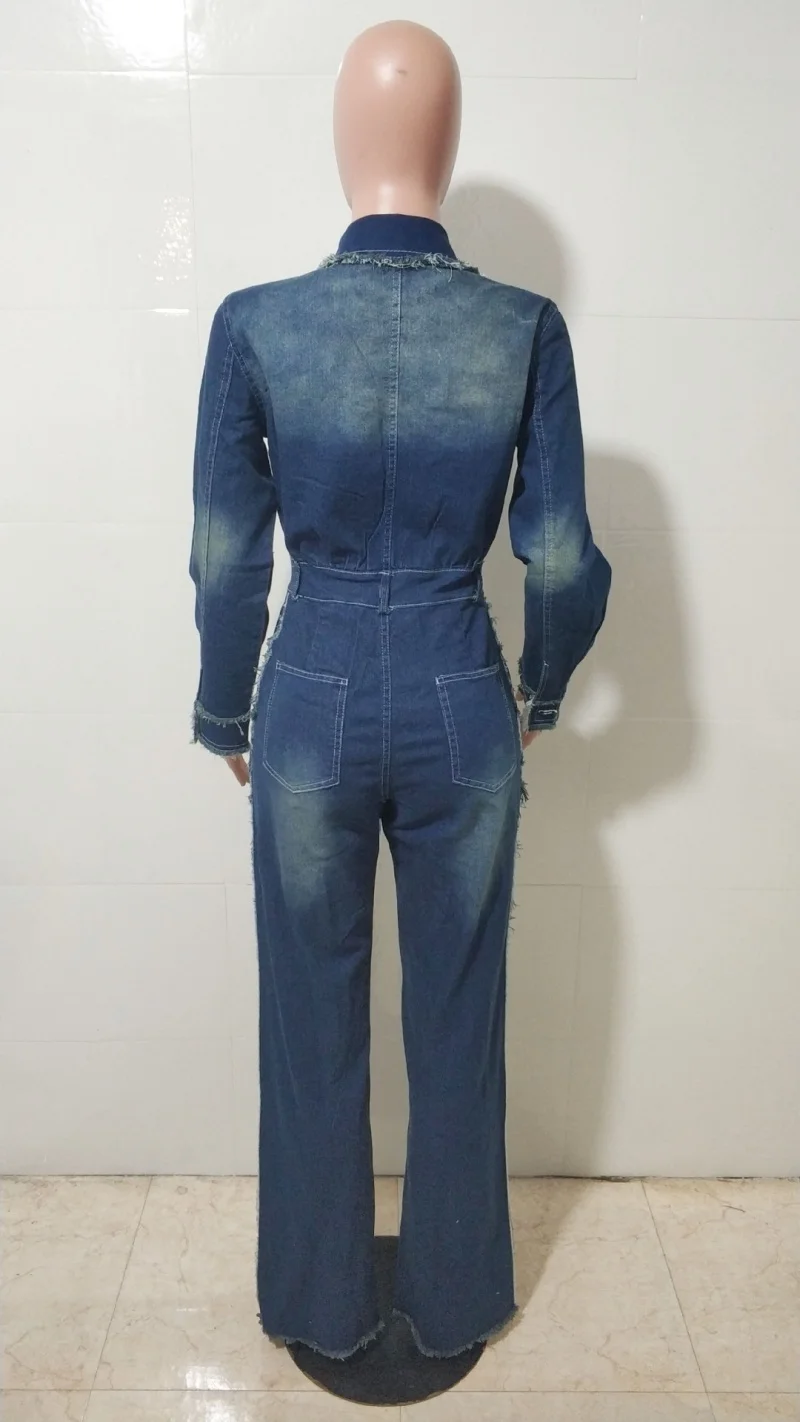 Mode Denim combinaisons printemps vêtements femmes à manches longues grandes poches jean droit barboteuses combishorts une pièce tenue salopette