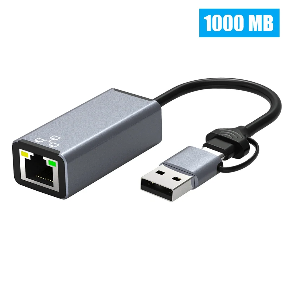 2 in 1 Ethernet Network Adapter 100/1000Mbps Type C USB to RJ45 Ethernet Adapter for Laptop Macbook USB Ethernet Network Card