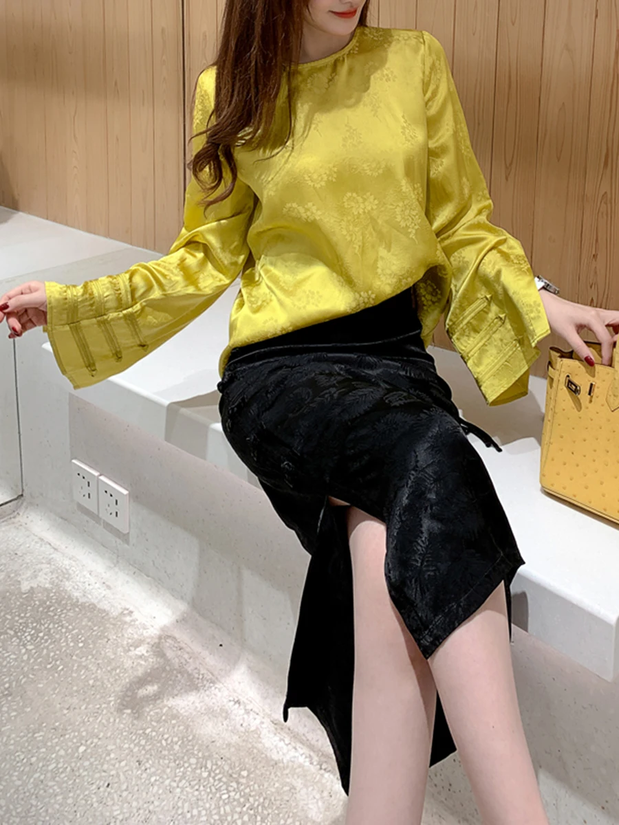 

Элегантная китайская длинная юбка миди выше колена с эффектом похудения, женская, из шелковистой ткани, с цветочным принтом, для повседневной носки, с высокой талией