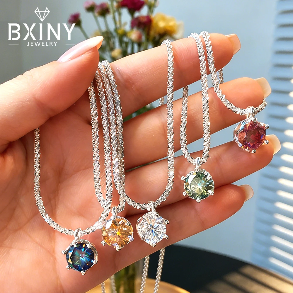 

BXINY 0.5-2CT Colorful Moissanite Pendant Necklace 925 Sterling Silver Solitaire Diamond Neck Chain for Women Fine Jewelry Gifts