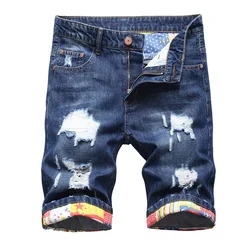 Hip Hop Ripped Men's Fashion Denim Shorts Blue New Style Stretch Straight Personalized Retro Nostalgic Trendy Pants Jeans Shorts