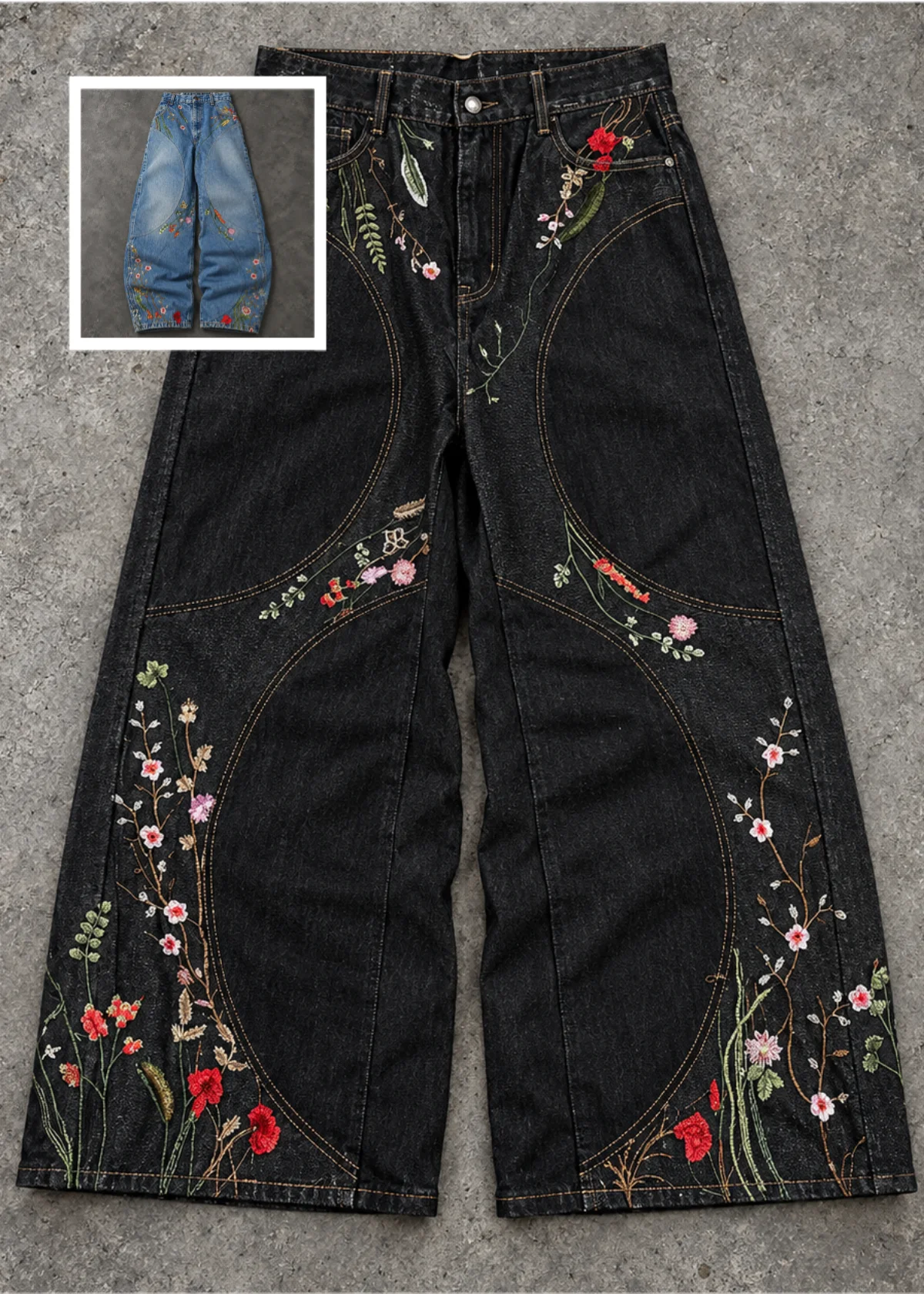 Vintage Harajuku Flower Embroidered 2026 Y2K Baggy Jeans Gothic Hip Hop High Waist Men and Women Trousers Black Casual Pants