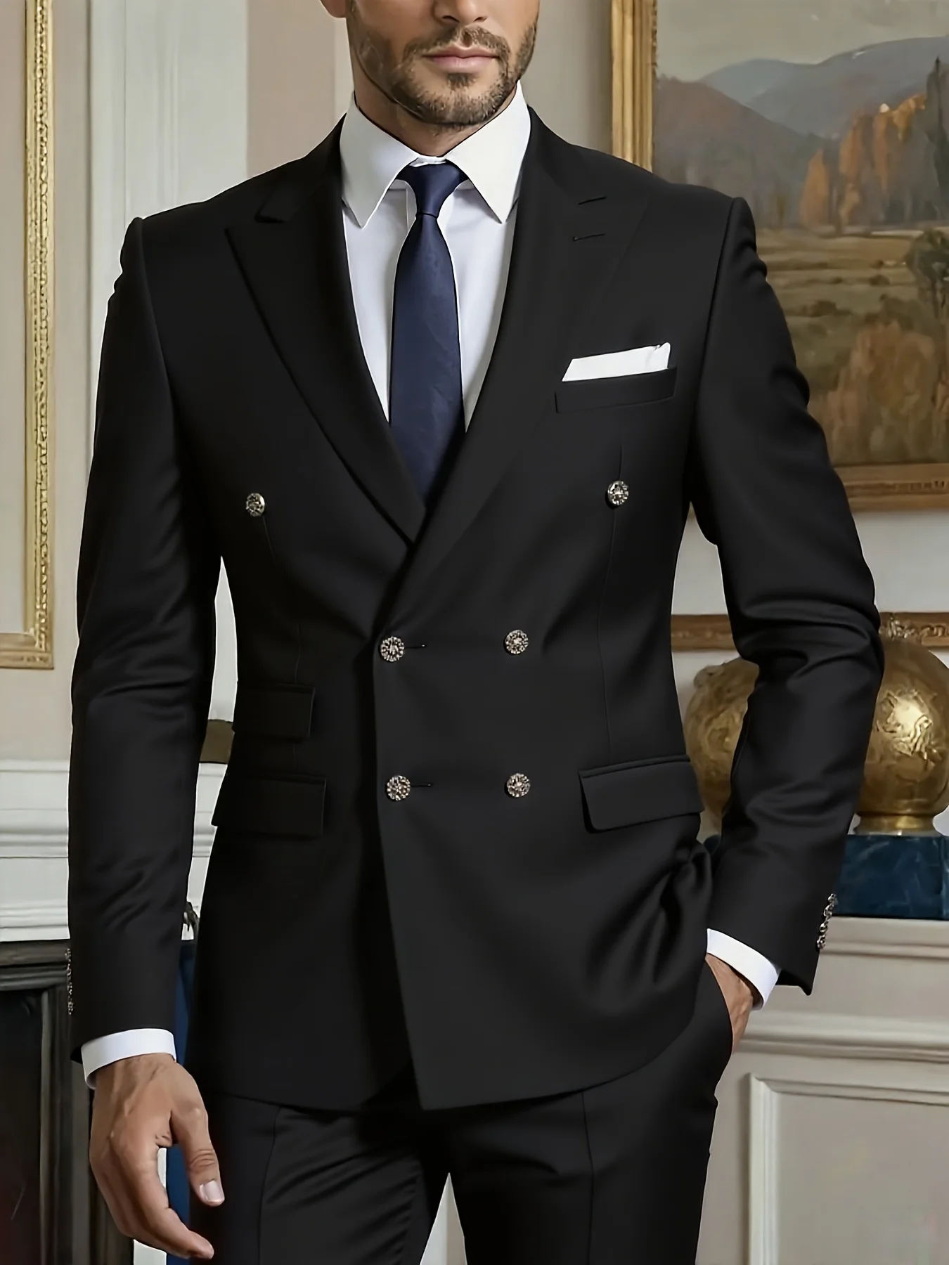 

Men's Stylish 2-Piece Suit Set Double Breasted Peak Lapel Solid Elegant Office Party Wedding