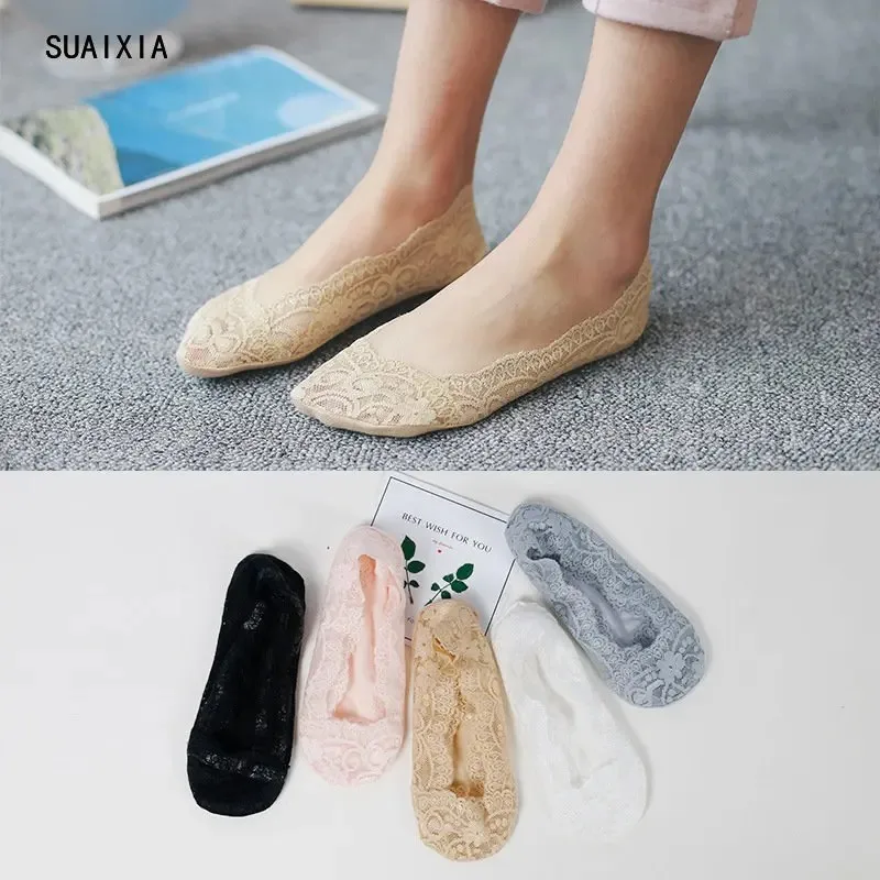 Boat Socks Women's Heel Retaining Low Top Shallow Mouth Lace Invisible Socks Solid Color Non Slip Cotton Sole Women's Socks