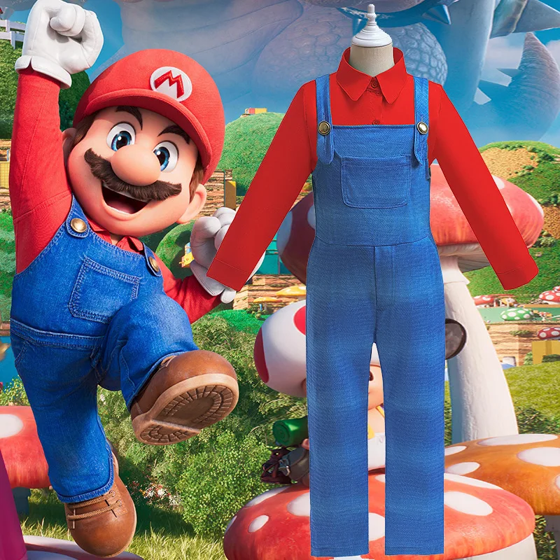 

MINISO Super Brother Mario Cosplay Halloween Costume Two Piece Sets Boy Performance Dress Long sleeved Outfit 3-8 Years Overalls