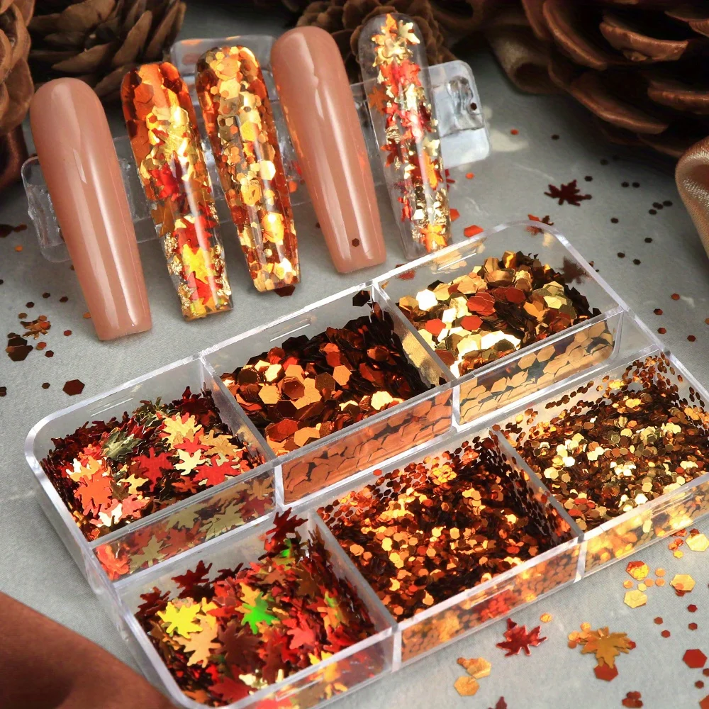 6 compartiments de paillettes pour ongles à thème automne, feuilles dorées, rouges et oranges, pour nail art, décorations DIY, fournitures pour ongles en acrylique et décalcomanies