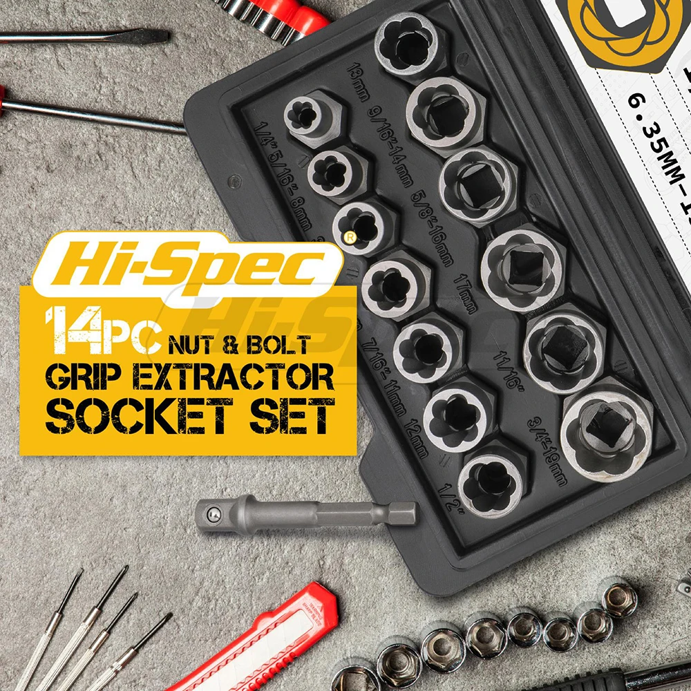 

Damaged Screw Extractor 14pcs Cr-Mo Steel High Hardness Bolt Nut Remover Set 6.35 -19m with Tool Box Car Tool Kit Hand Tools